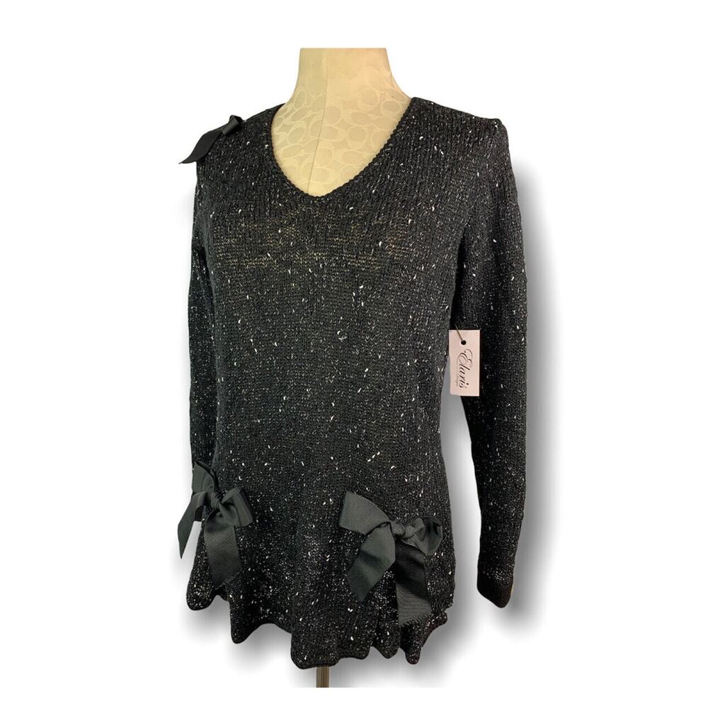 Large Elaris Women's New Black Nubby Sweater Scalloped Hem Grosgrain Ribbon Deta